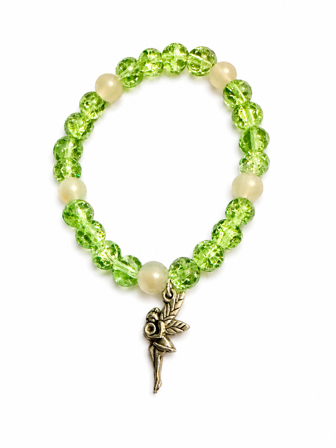 Green handcrafted glass bead bracelet with a fairy charm