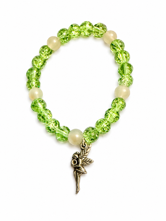 Green handcrafted glass bead bracelet with a fairy charm