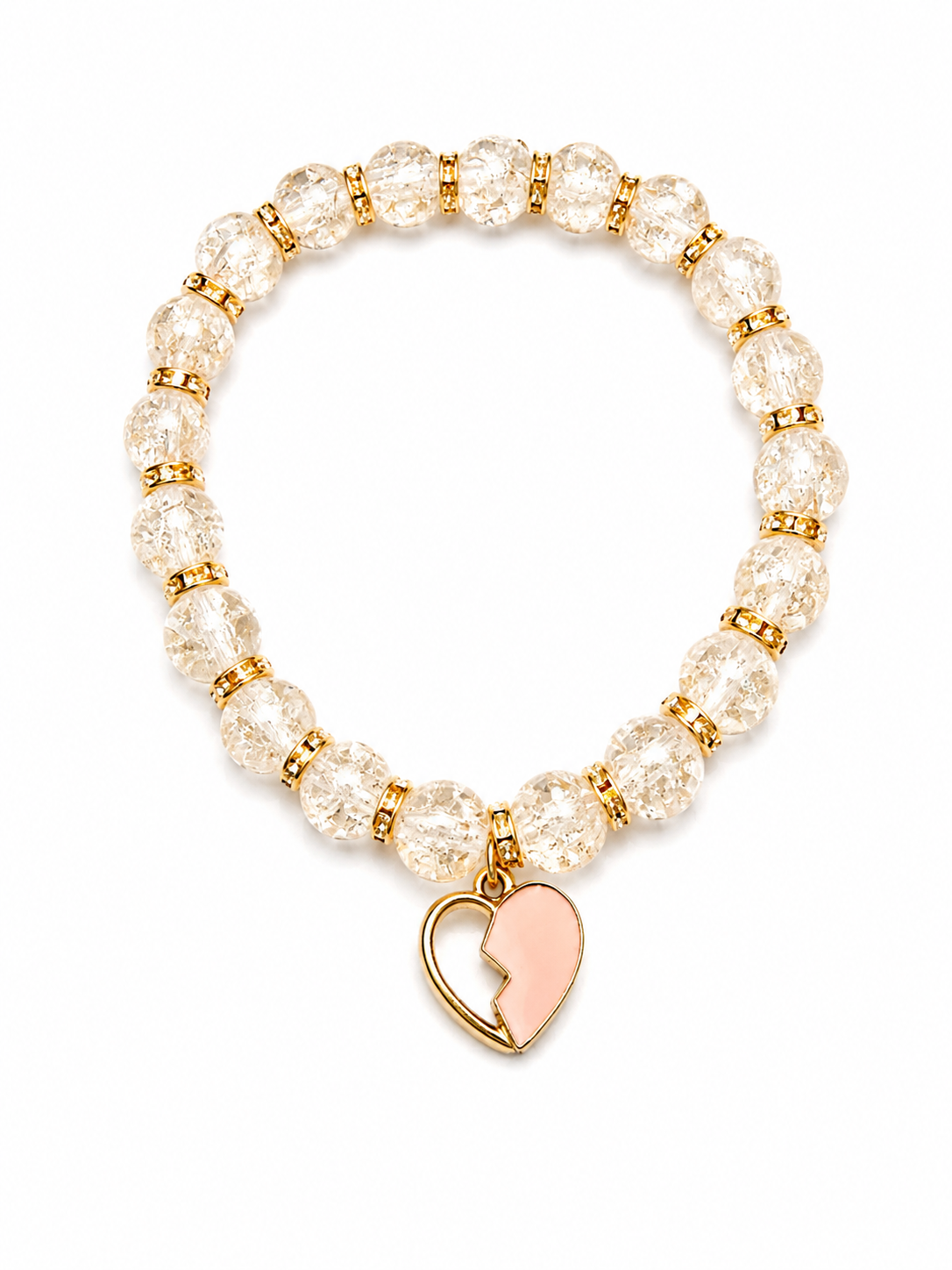 Clear crackle handcrafted glass bead bracelet with a heart charm