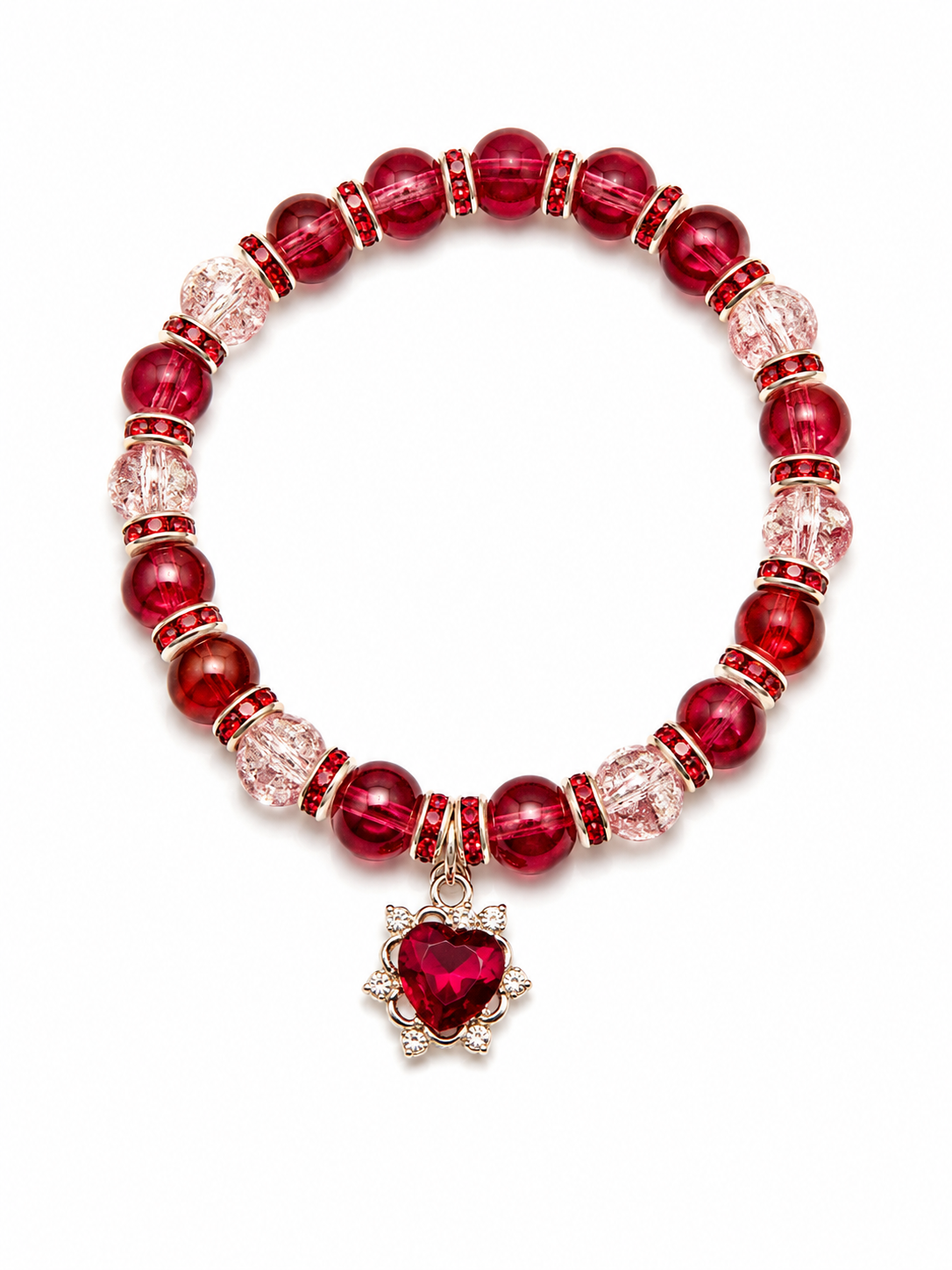 Red two tone handcrafted glass bead bracelet with a red heart charm