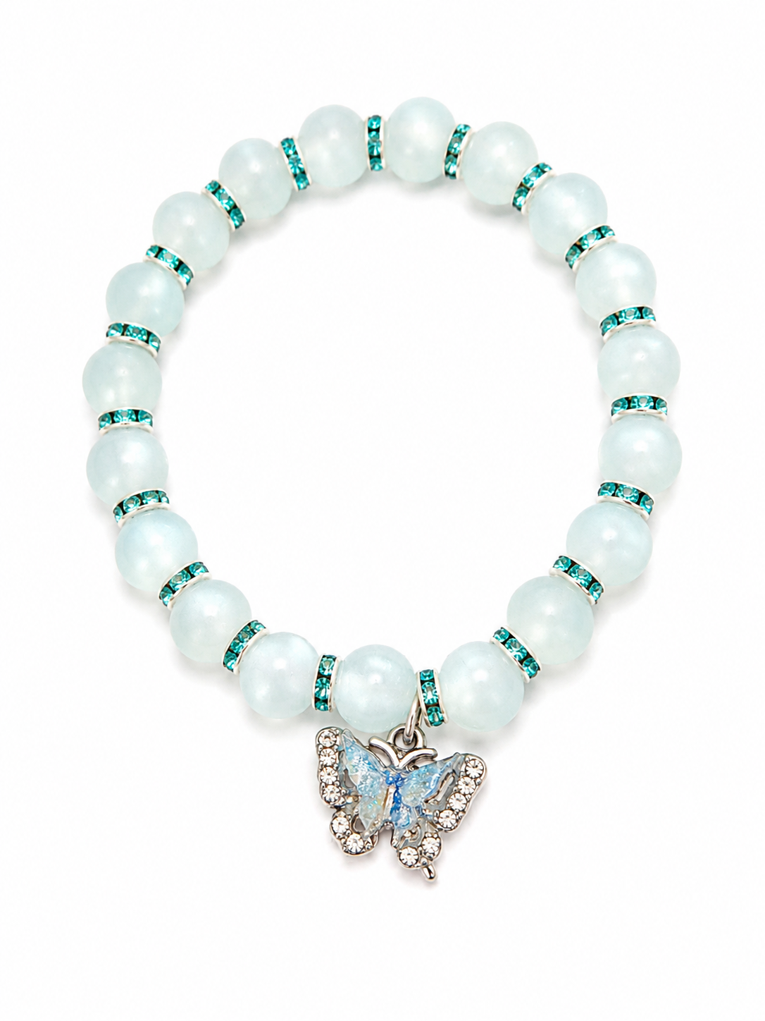 Pale blue handcrafted glass bead bracelet with a butterfly Charm
