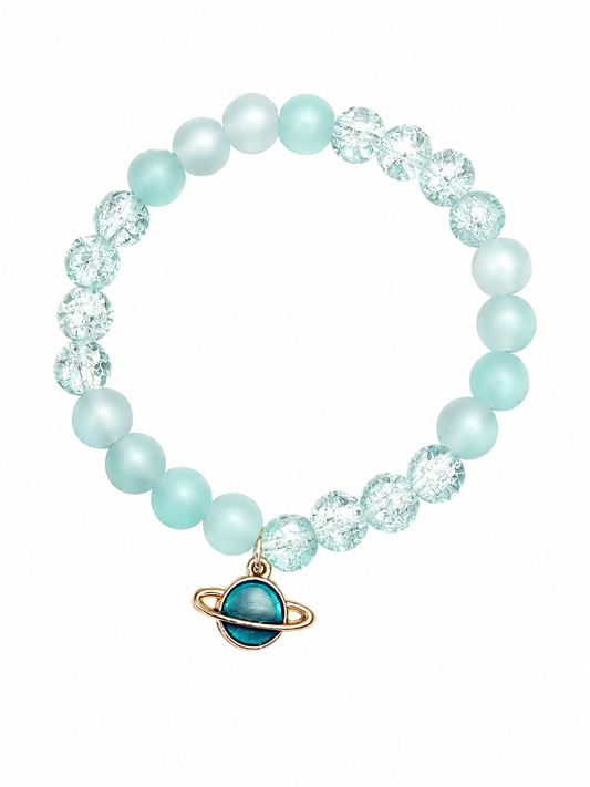 Blue handcrafted glass bead bracelet with a planet charm