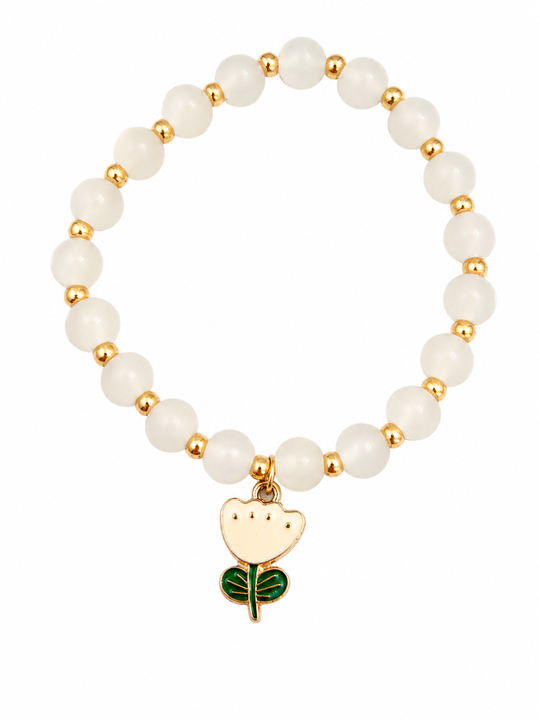 White handcrafted glass bead bracelet with a white flower charm
