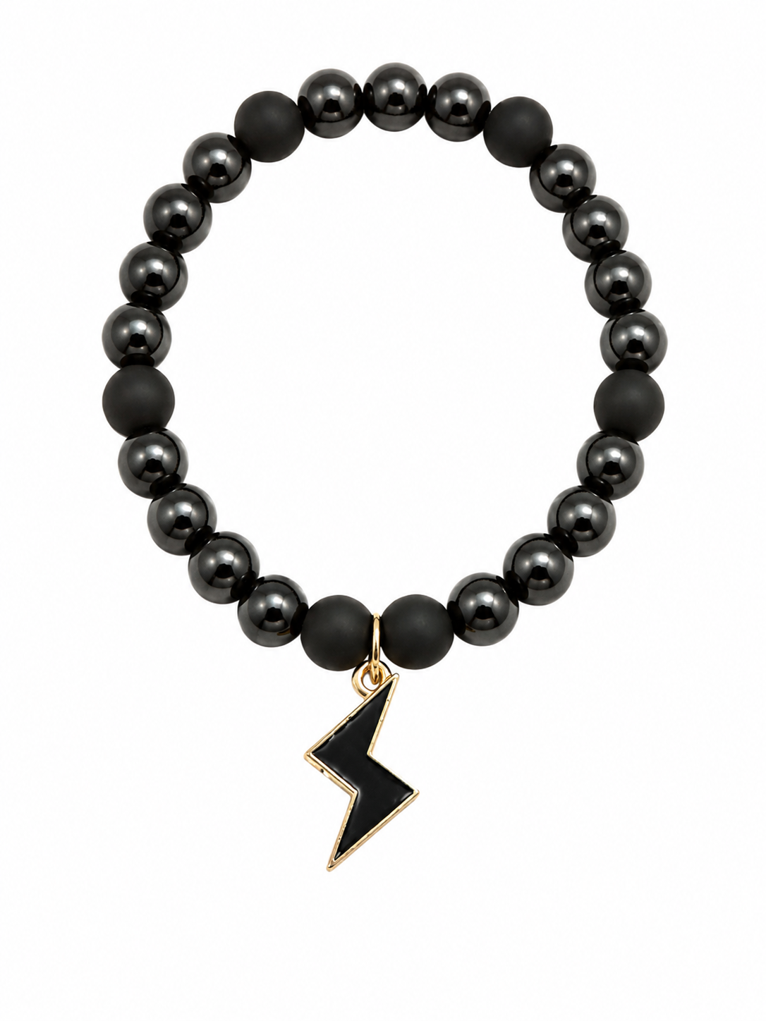 Black handcrafted glass bead bracket with a black lightning style charm
