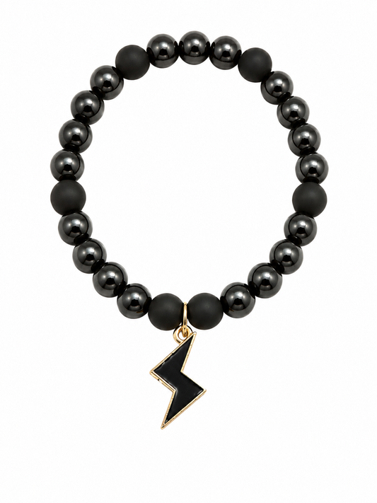 Black handcrafted glass bead bracket with a black lightning style charm