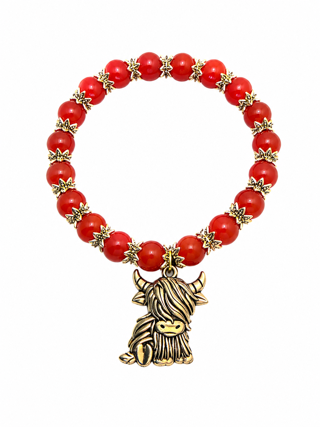 Red handcrafted glass bead bracelet with a highland cow charm