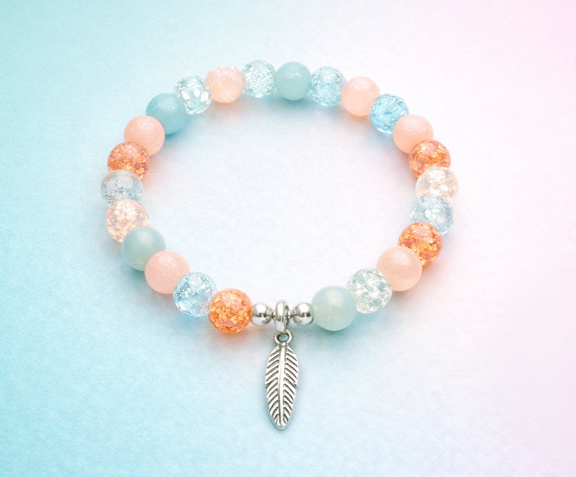 Little bit crackle handcrafted glass bead bracelet random coloured beads with a feather charm