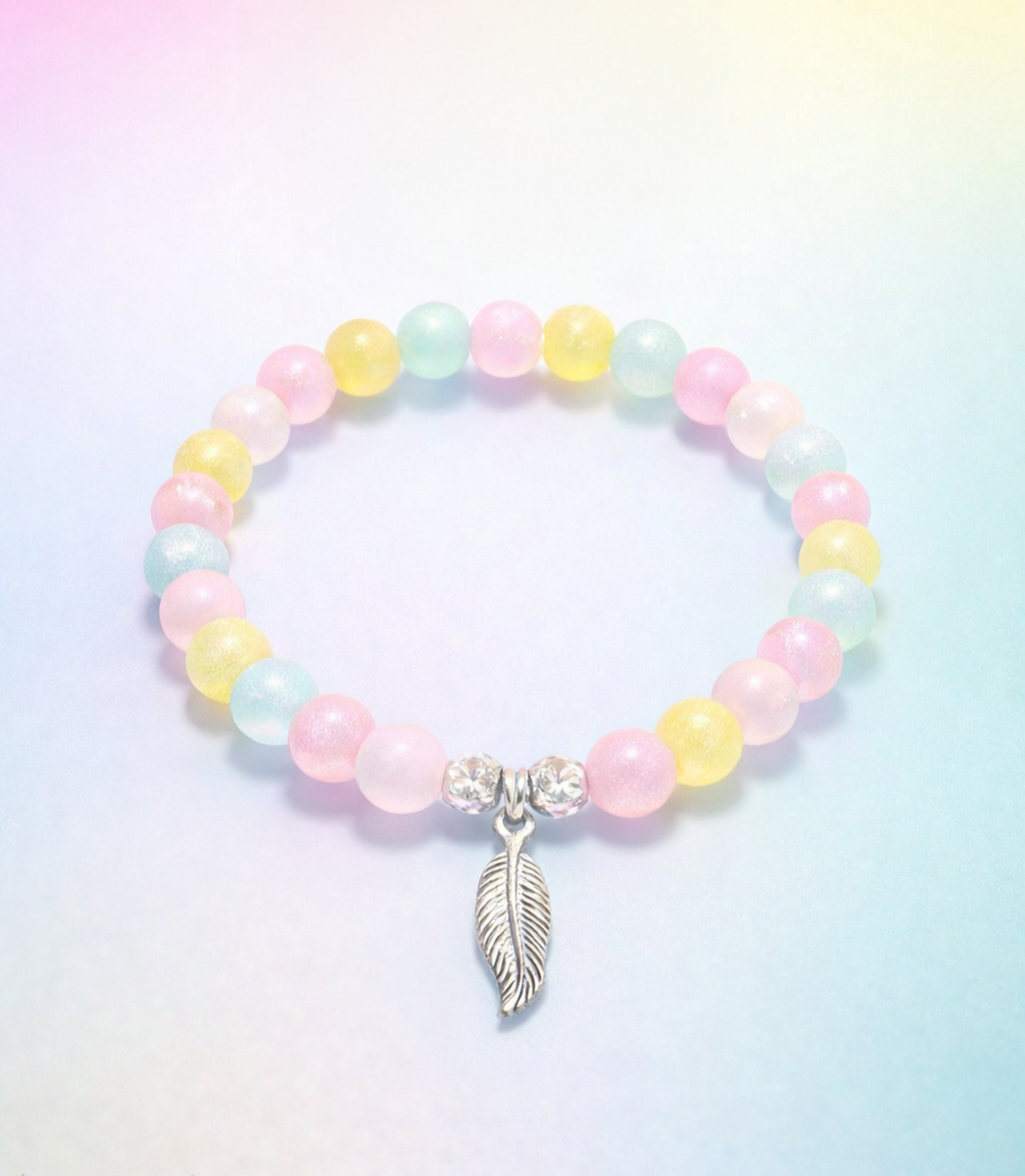 Pinky pale handcrafted glass bead bracelet random coloured beads with a feather charm